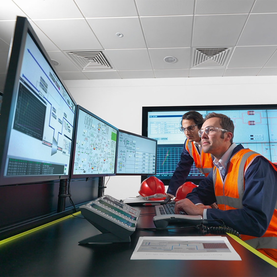 two employees working with desktop