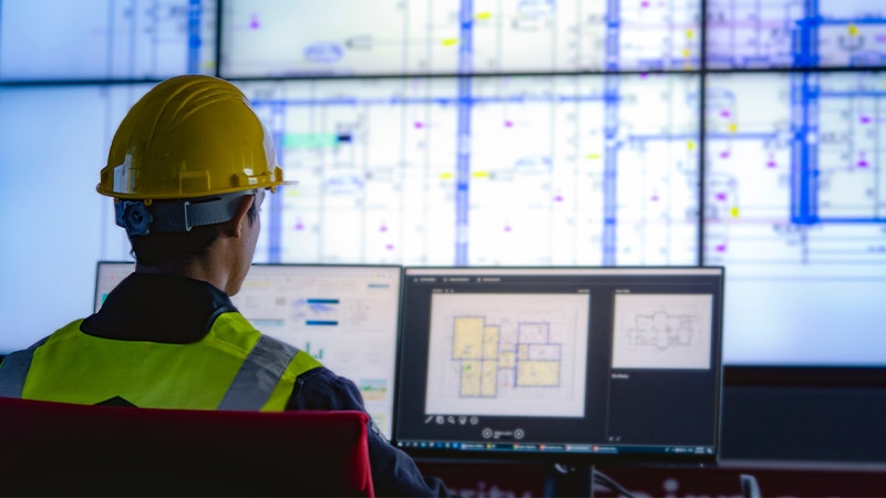 A person wearing a hard hat and vest looking at a computer screen